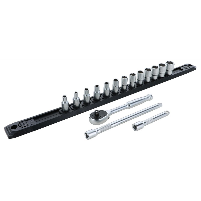 Wiha Tools 33391 1/4 Inch Drive 6 Point Socket Set 4-14mm with Ratchet and Extensions 16-Piece