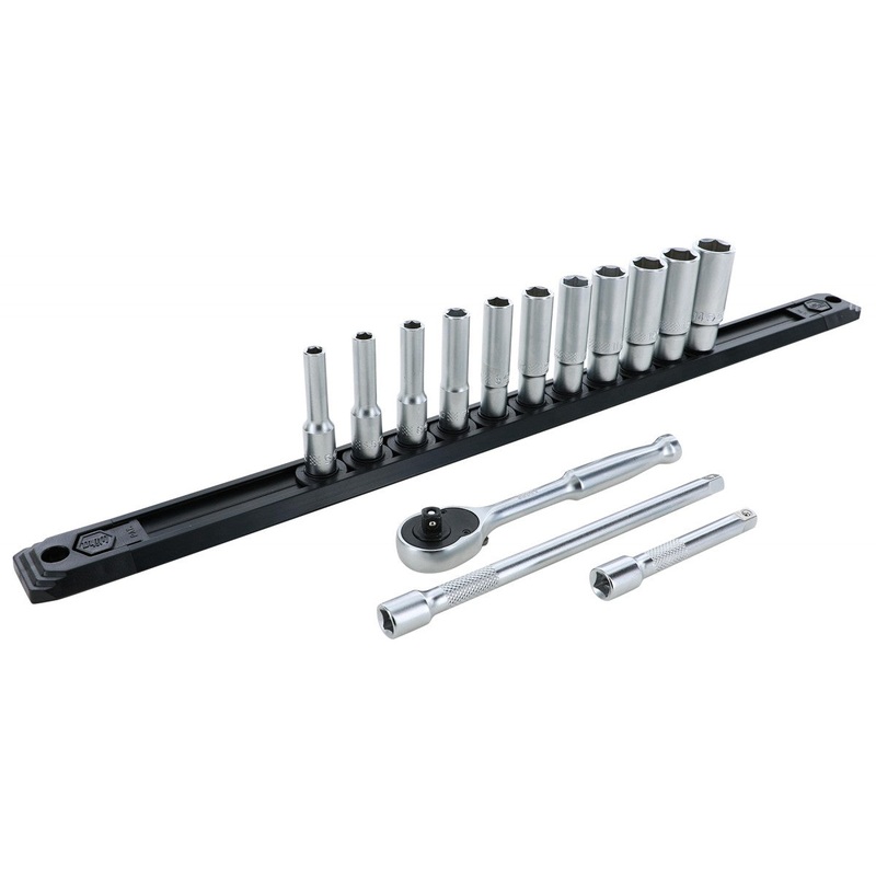 Wiha Tools 33393 1/4 Inch Drive 6 Point Deep Socket Set 5-14mm with Ratchet and Extensions 14-Piece