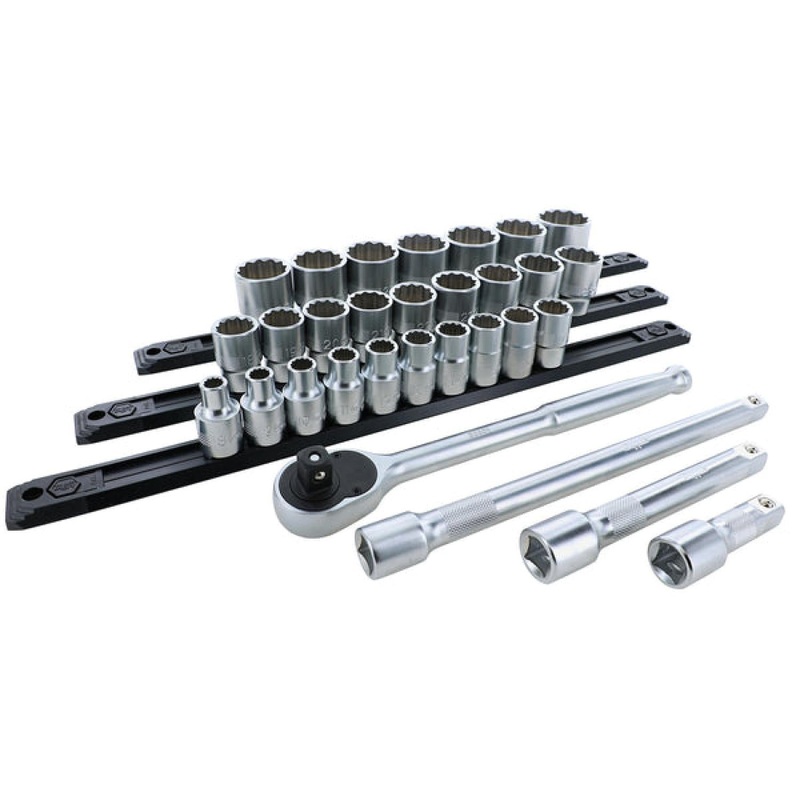 Wiha Tools 33891 1/2 Inch Drive 12 Point Socket Set 8-34mm with Ratchet and Extensions 30-Piece