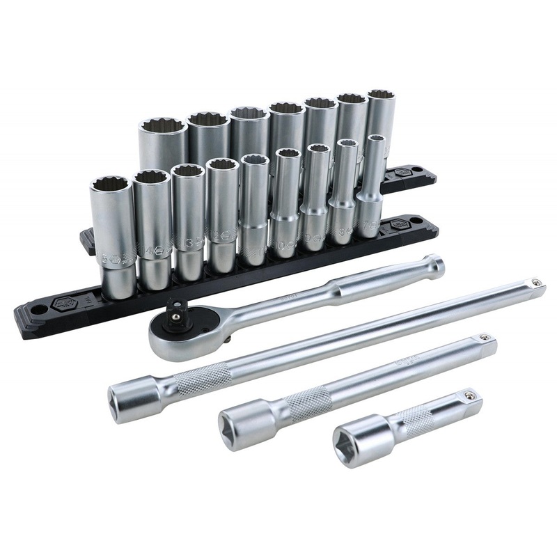 Wiha Tools 33793 3/8" Inch Drive 12 Point Deep Socket Set, 7 - 22 mm with Ratchet and Extensions, 20 Pc.