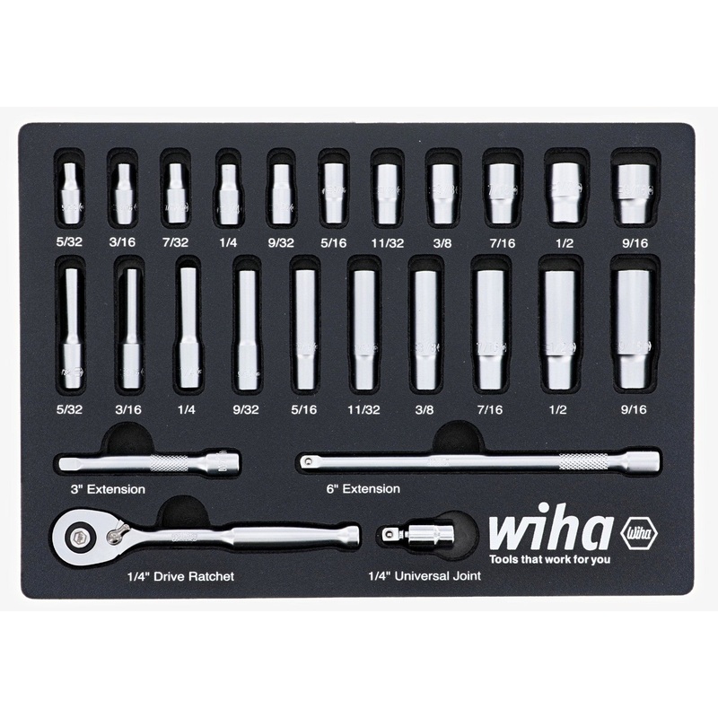 Wiha 33396 25 Piece 1/4 Drive Professional Standard and Deep Socket Tray Set - SAE