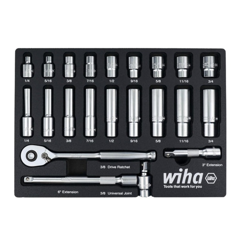 Wiha 33796 22 Piece 3/8 Drive Professional Standard and Deep Socket Tray Set - SAE
