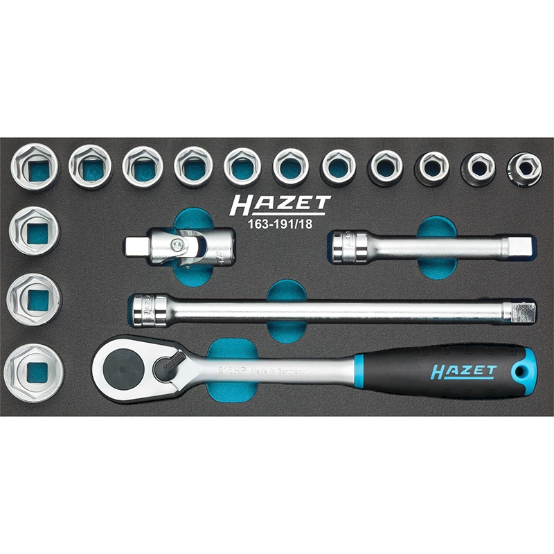 Hazet 163-191/18 Socket Set, Outside Hex Traction Profile, 18 Pieces