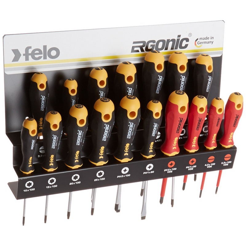 Felo 0715761391 Ergonomic Screwdriver Set With Steel Rack includes Slotted, Square, Phillips & TORX Sizes,