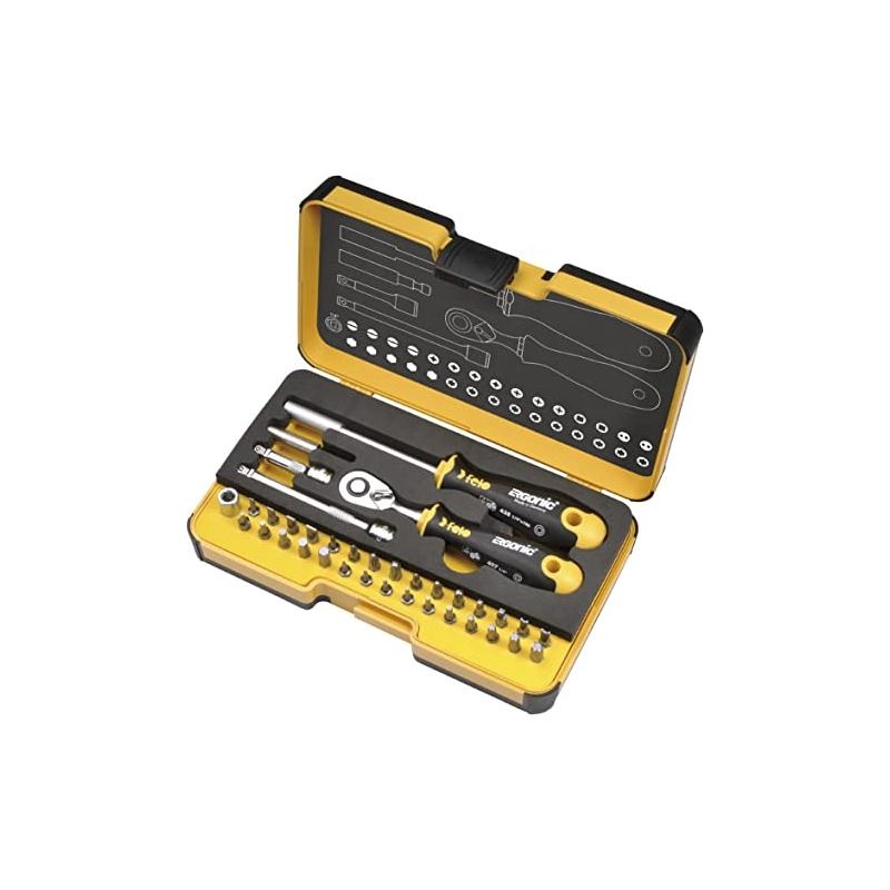 Felo 0715761557 R-Go Screw Driver with Bitholder and 1/4-Inch Ratchet Black and Yellow, 36 Piece